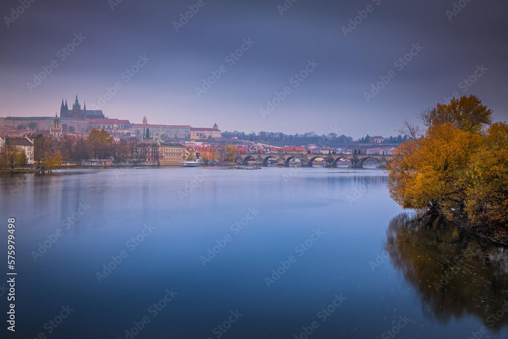 Panoramic view over the cityscape of Prague at dramatic dusk, Czech Republic