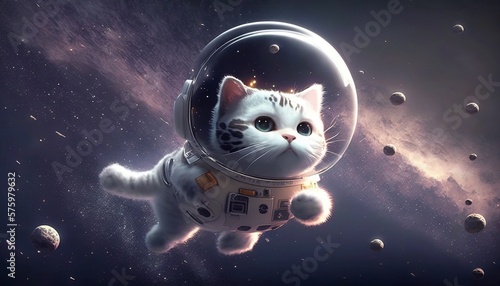 Cute little astronaut kitten floating in the space with a galaxy in the background. Generative AI