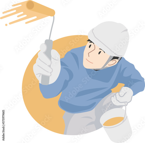 ローラーで塗装する男性作業員