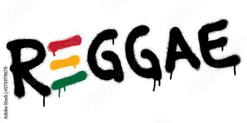 Spray graffiti tag REGGAE over white. Musical genre concept.