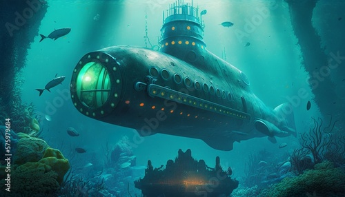 Wallpaper Mural Retrofuturistic submarine with big round front window submerged in a clear part of the sea. Generative AI Torontodigital.ca