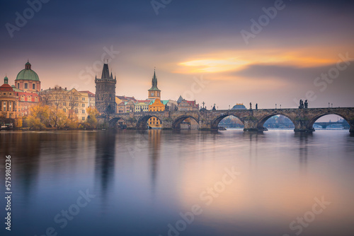 Panoramic view over the cityscape of Prague at dramatic dusk, Czech Republic