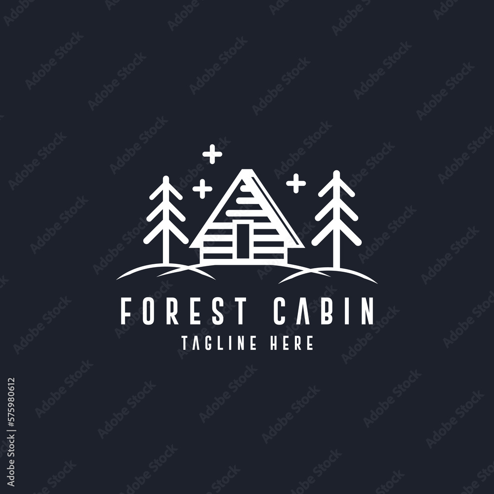 Traditional Forest Wooden House, Village Cabin Cottage with Pine Evergreen Fir Trees for Adventure Outdoor Holiday Camp logo design