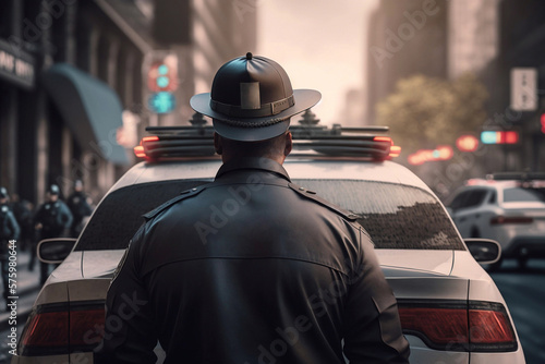 Rear view of police officer in front of a police car. Generative AI