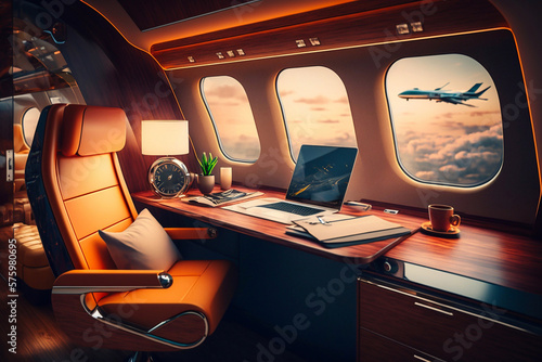 Interior of luxurious private jet with leather seats. Generative Ai © AIproduction