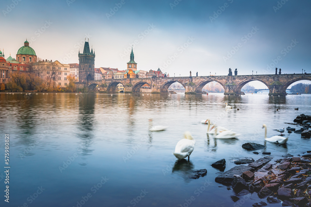 Panoramic view over the cityscape of Prague at dramatic dusk, Czech Republic