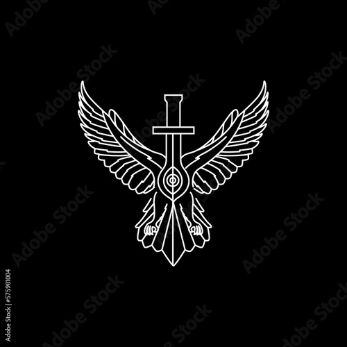 animal bird flapping wings sword dark night line minimalist geometric logo design vector