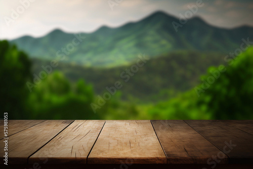 Wooden board empty table in front of blurred background. Generative AI