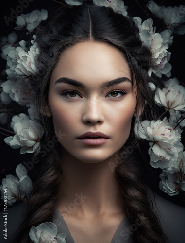 Female Fashion Portrait framed with flowers-Spring Clothing-Generative AI