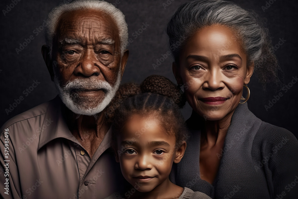 Portrait of grandparents with granddaughter, generative AI Portrait of grandparents with granddaughter, generative AI