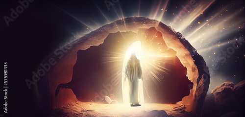Resurrection Of Jesus Christ - Jesus back with a Tomb Empty With Shroud And Crucifixion At Sunrise With Abstract Magic Lights.Generative AI