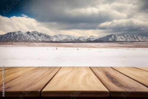 Empty wooden table with snow storm landscape background. Generative AI