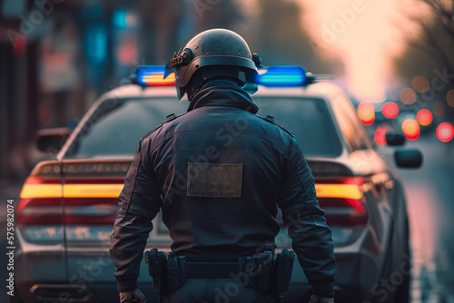 Canvas Print Rear view of police officer in front of a police car