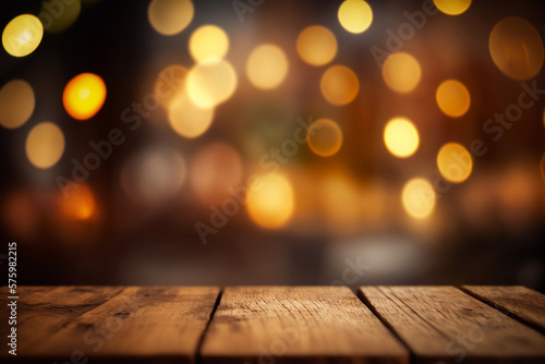 Background Image of wooden table in front of abstract blurred restaurant lights. Generative AI
