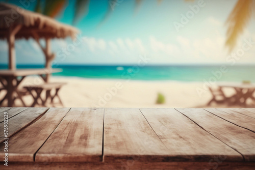 Empty Wooden Planks With Blur Beach And Sea On background. Generative AI