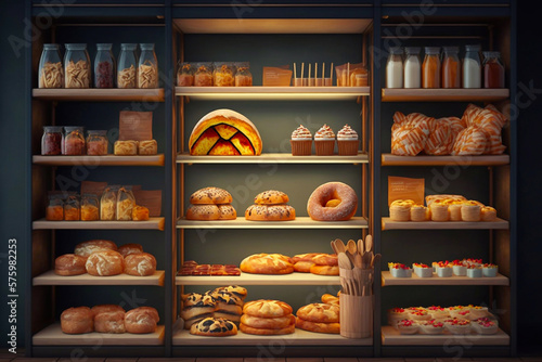 Stampa su tela Shelves with bakery products in the store. Generative AI
