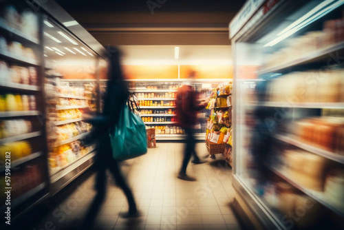 Fototapeta Busy Supermarket Aisle With Customers. Generative AI