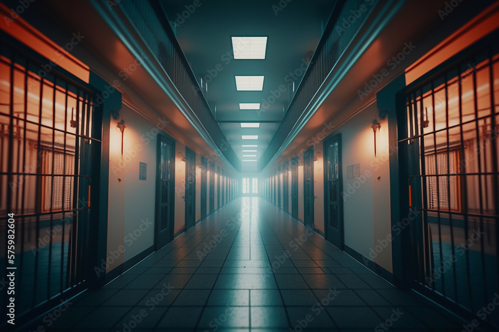 Blurred interior of a prison building. Generative AI