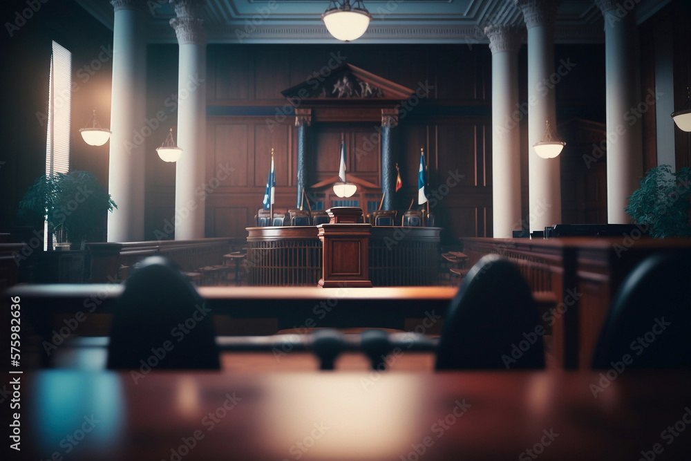 Plaintiff's seat within a court room, no people, traditional wooden courtroom. Generative AI - obrazy, fototapety, plakaty 