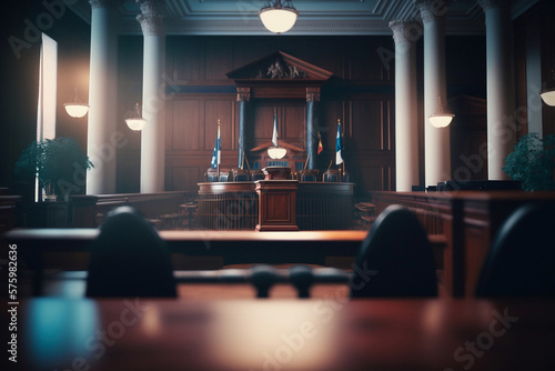 Plaintiff's seat within a court room, no people, traditional wooden courtroom. Generative AI photo