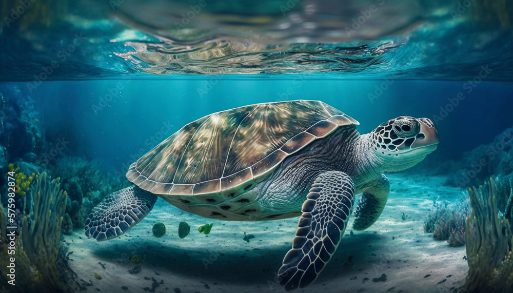 Fototapeta premium sea turtle close up over coral reef in hawaii. ai generative.
