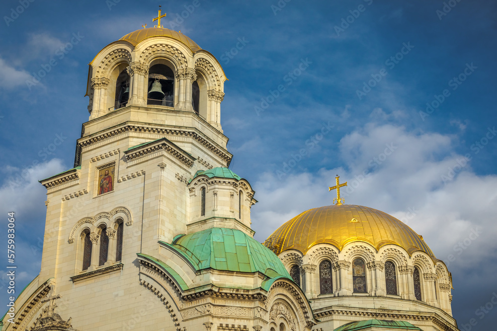 Alexander Nevski cathedral square in Sofia at dramatic autumn sunset, Bulgaria