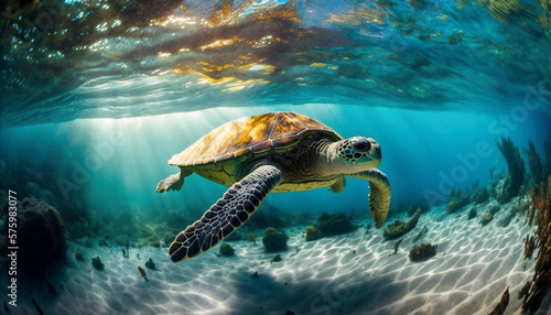sea turtle close up over coral reef in hawaii. ai generative. © Juan