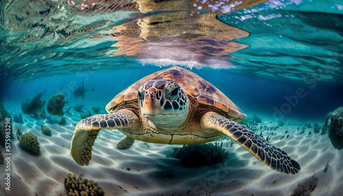 sea turtle close up over coral reef in hawaii. ai generative.