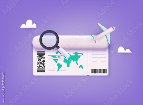 Buying tickets online concept. 3D airline boarding pass ticket, ready for tourism and travel planning a summer vacation concept. 3D Web Vector Illustrations.