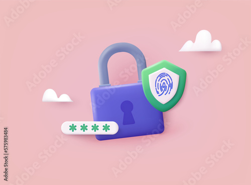 lockLock and fingerprint security access. Electronic opening system, security system, automatic access card concept. 3D Web Vector Illustrations.