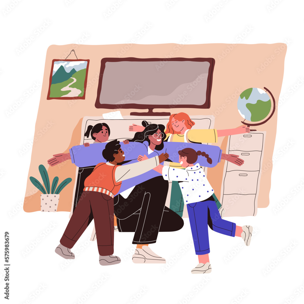 Happy children hugging favourite school teacher with love, respect. Diverse kids students, multi-ethnic boys and girls embracing woman. Flat vector illustration isolated on white background Happy children hugging favourite school teacher with love, respect. Diverse kids students, multi-ethnic boys and girls embracing woman. Flat vector illustration isolated on white background