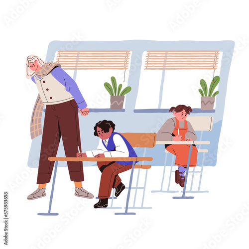 School classroom with kids at desks during test, exam. Teacher supervising individual work of elementary children, studying in class room. Flat vector illustration isolated on white background