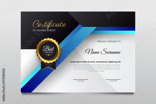 Blue and black color certificate template design. suit for student employee winner and much more Premium Vector
