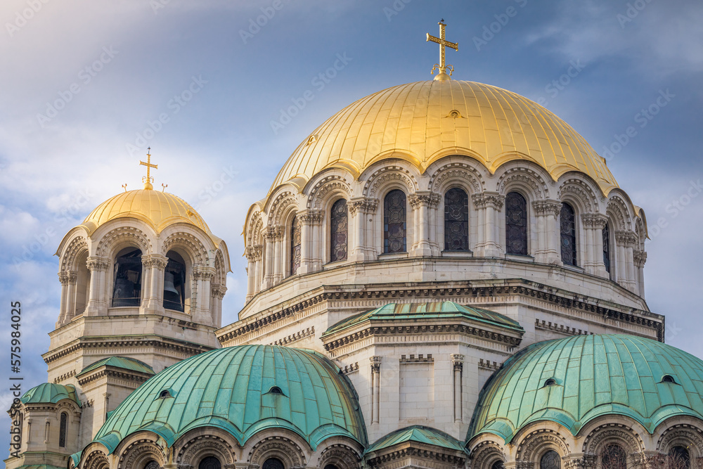 Alexander Nevski cathedral square in Sofia at dramatic autumn sunset, Bulgaria