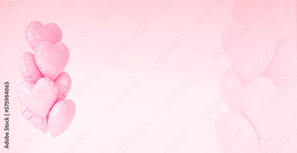 Pink pastel background with heart-shaped balloons. Valentine's Day concept with space for text