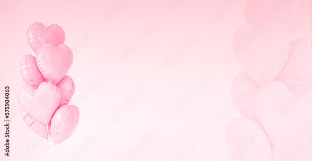 Pink pastel background with heart-shaped balloons. Valentine's Day concept with space for text Pink pastel background with heart-shaped balloons. Valentine's Day concept with space for text