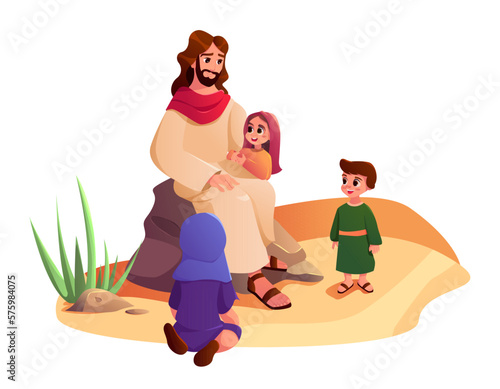 Jesus Christ with Children Outdoor. Bible stories. Vector Illustration in Cartoon Style.