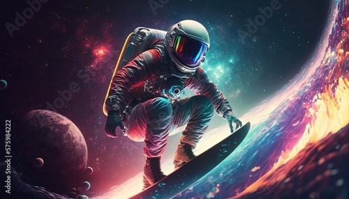 Vivid colorful illustrations of astronauts in space surfing on surfboard waves of galaxies generate ai.
