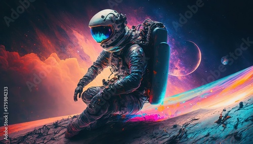 Vivid colorful illustrations of astronaut in space. Cosmos of galaxies generate ai. photo