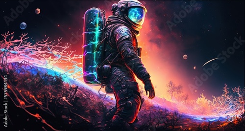 Vivid colorful illustrations of astronaut in space. Cosmos of galaxies generate ai.