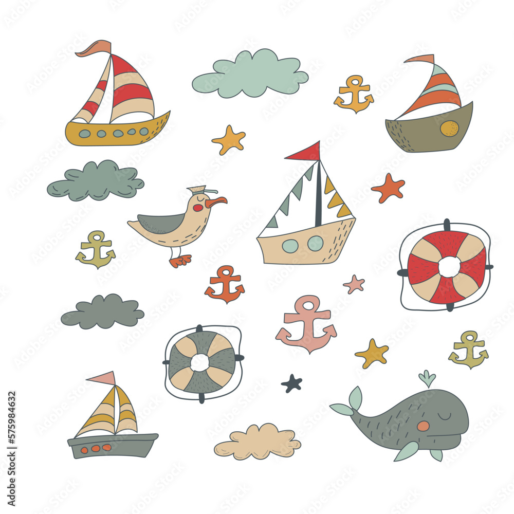 Colored marine icons for kids. Stickerpack. Ship, yacht, albatross, whale, lifebuoys, clouds, stars, anchor. Hand drawn. Vector illustration.