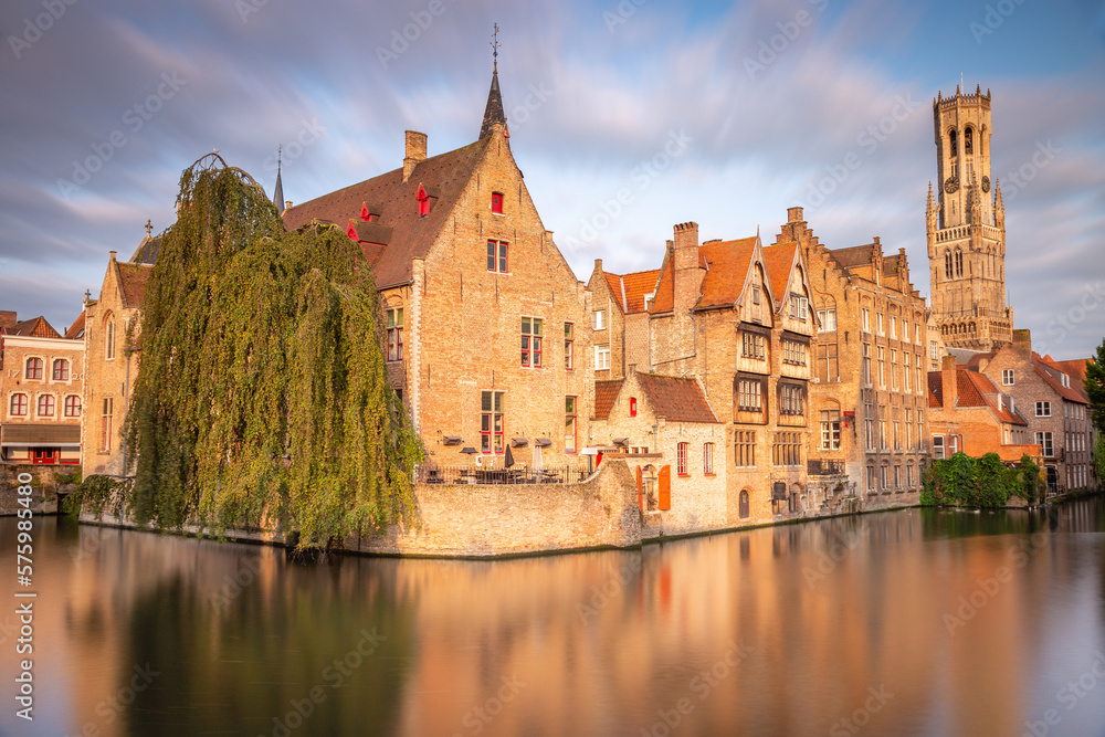 Flemish and ornate architecture of idyllic Bruges with canal, Flanders, Belgium