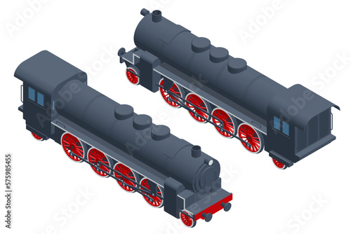 Isometric steam locomotive. Vintage black steam locomotive train on railway.