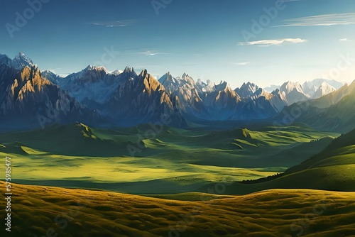Landscape with mountains. Nature background. countryside view with forest, field and hills. Generative AI