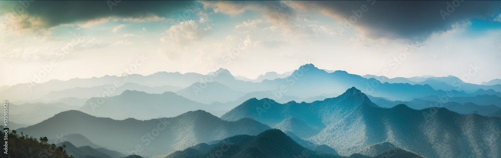 Fototapeta premium beautiful landscape with mountains fading into fog at dawn, generative AI