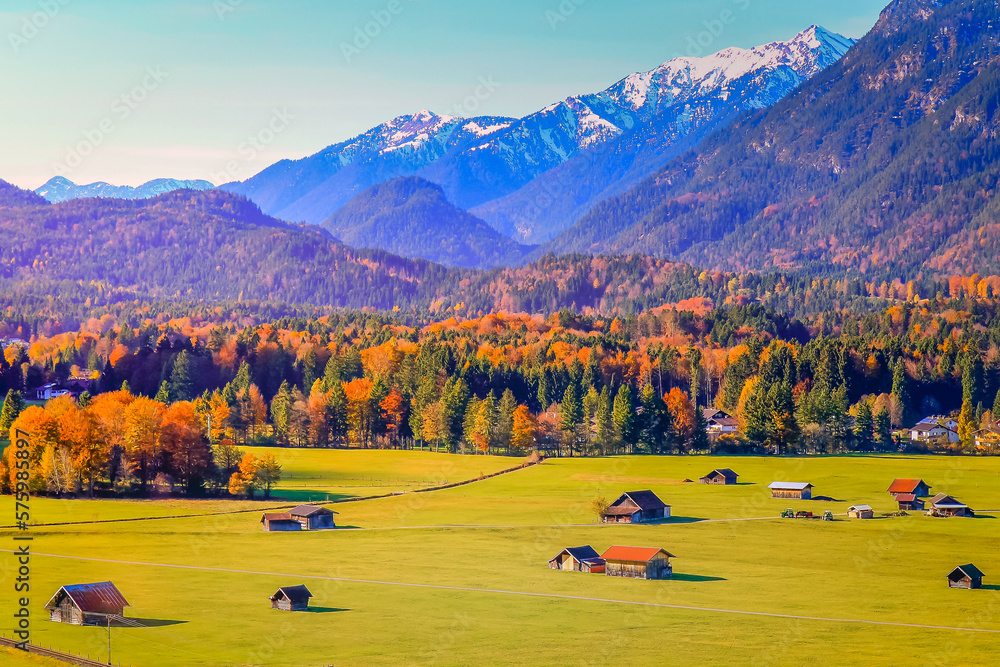 Bavarian alps and farm barns from above, Garmisch, Zugspitze, Bavaria, Germany