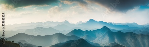 beautiful landscape with mountains fading into fog at dawn  generative AI