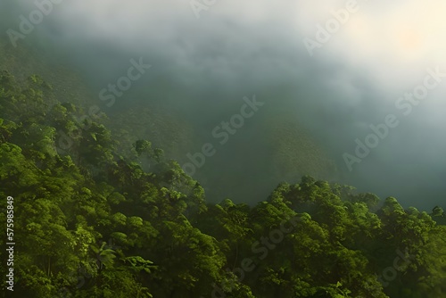 Misty morning in the mountains full of fog over the Jungle Forest. Generative AI