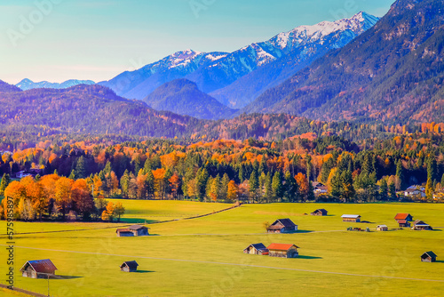 Obraz na płótnie Bavarian alps and farm barns from above, Garmisch, Zugspitze, Bavaria, Germany w salonie