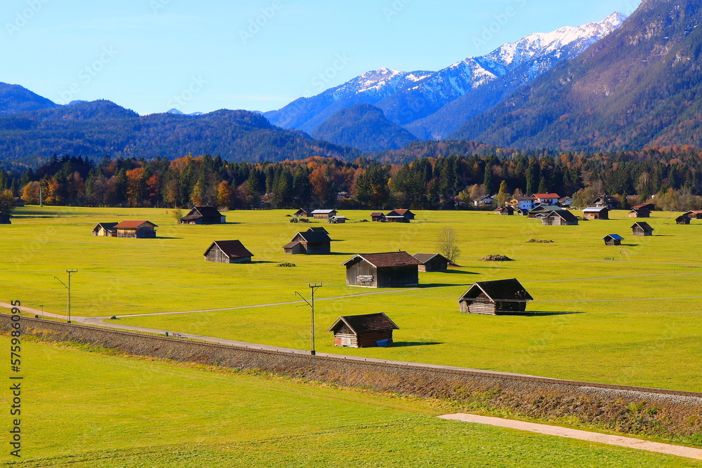 Bavarian alps and farm barns from above, Garmisch, Zugspitze, Bavaria, Germany